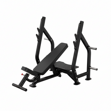 Black weight bench with adjustable backrest and leg extension attachment on a white background